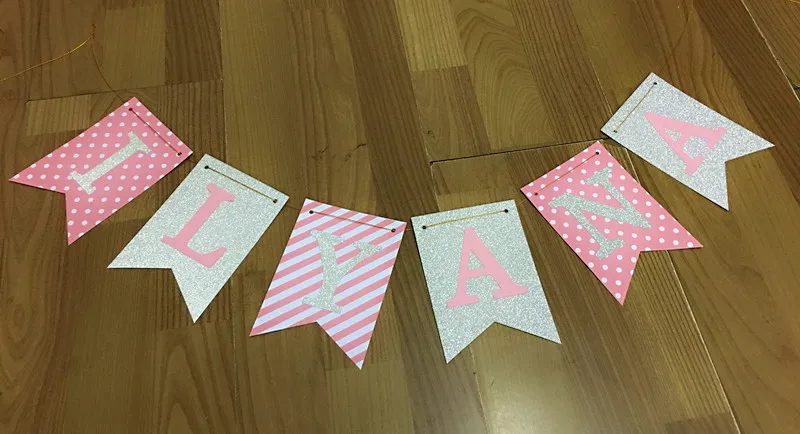 us 10 58 personalized silver glitter sparkly pink dots stripes paper name banner girl birthday party bunting photo background props in banners birthday name banner