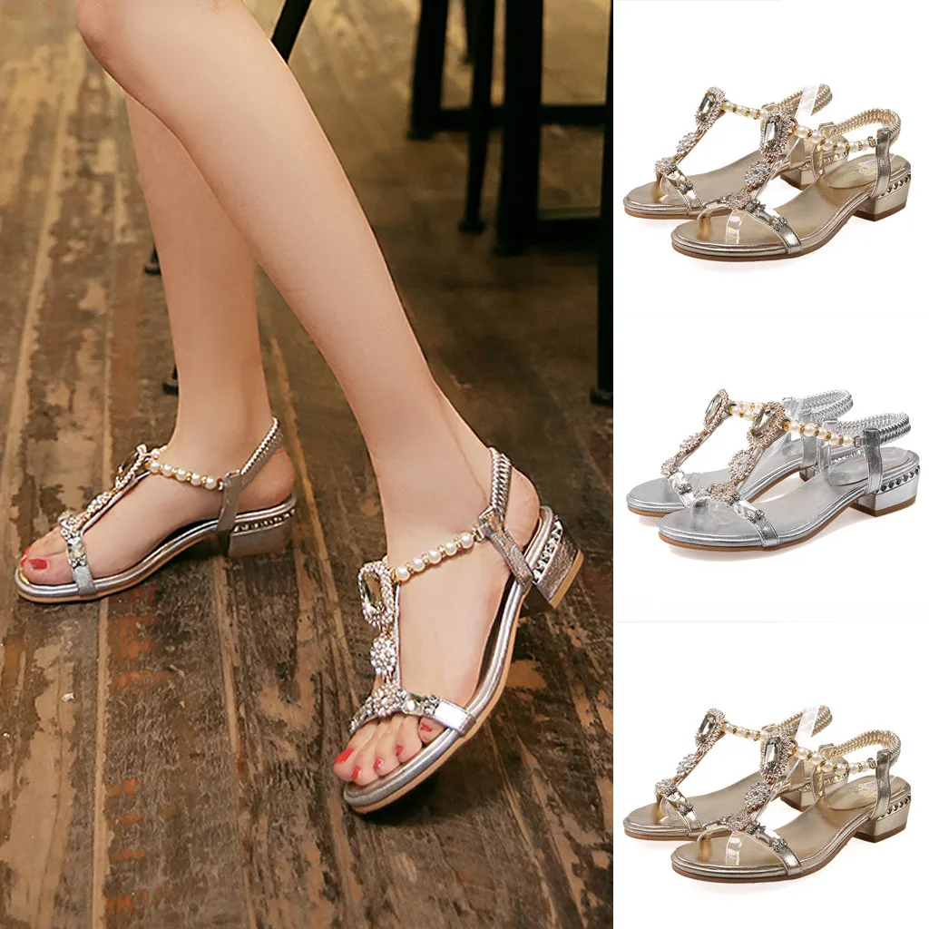 

Low Heels Crystal Sandals Women's Summer Bohemia Shoes Open Toe T-Belt String Bead Bling Pearl Rhinestone Elastic Band Sandalias