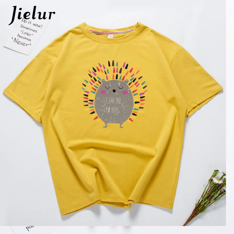 Jielur корейский стиль Ежик печатных Kawaii Футболка белая Базовая футболки хлопок для