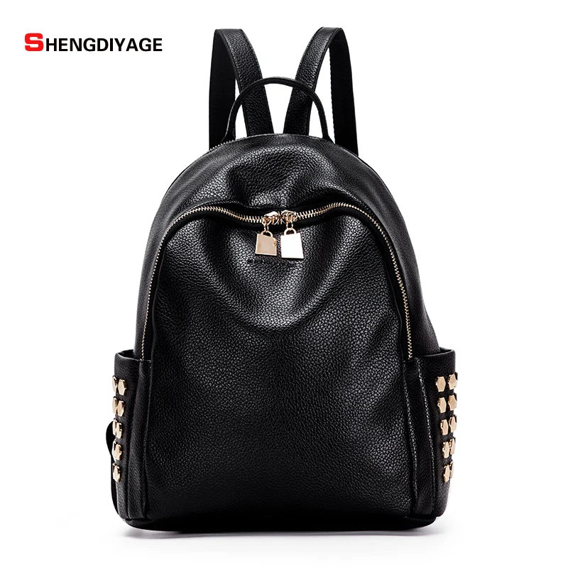SHENGDIYAGE 2017 pu backpack women backpack leather school bag women casual style simple color black preppy