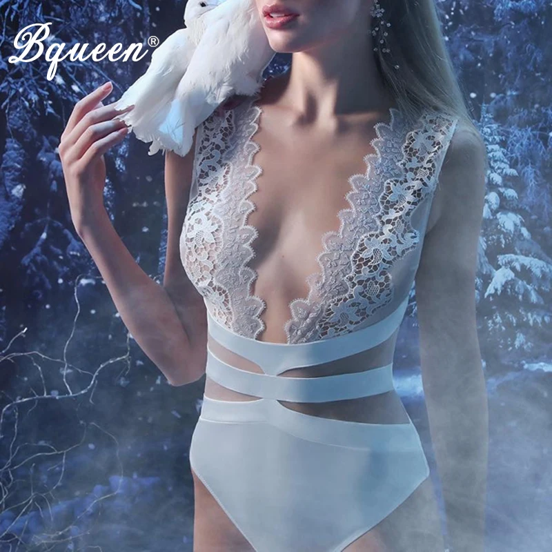 

Bqueen Sexy Bodysuit Women 2019 Floral Lace Embroidery Hollow Out Backless Bodysuit Solid White Jumpsuit Bodysuit Summer