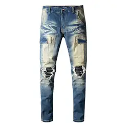 MORUANCLE Мужские Винтажные Марка NEW Fashion Hi Street байкерские джинсы с несколькими рваные, с карманами джинсовые мотоциклетные Брюки Плюс Размер