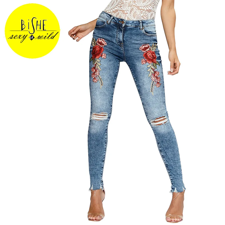 

BiSHE Embroidery Flower High Waist Denim Bottoms Hole Jeans Femme Slim Push Up Sexy Women Jeans Fringe Ripped Jeans for Women