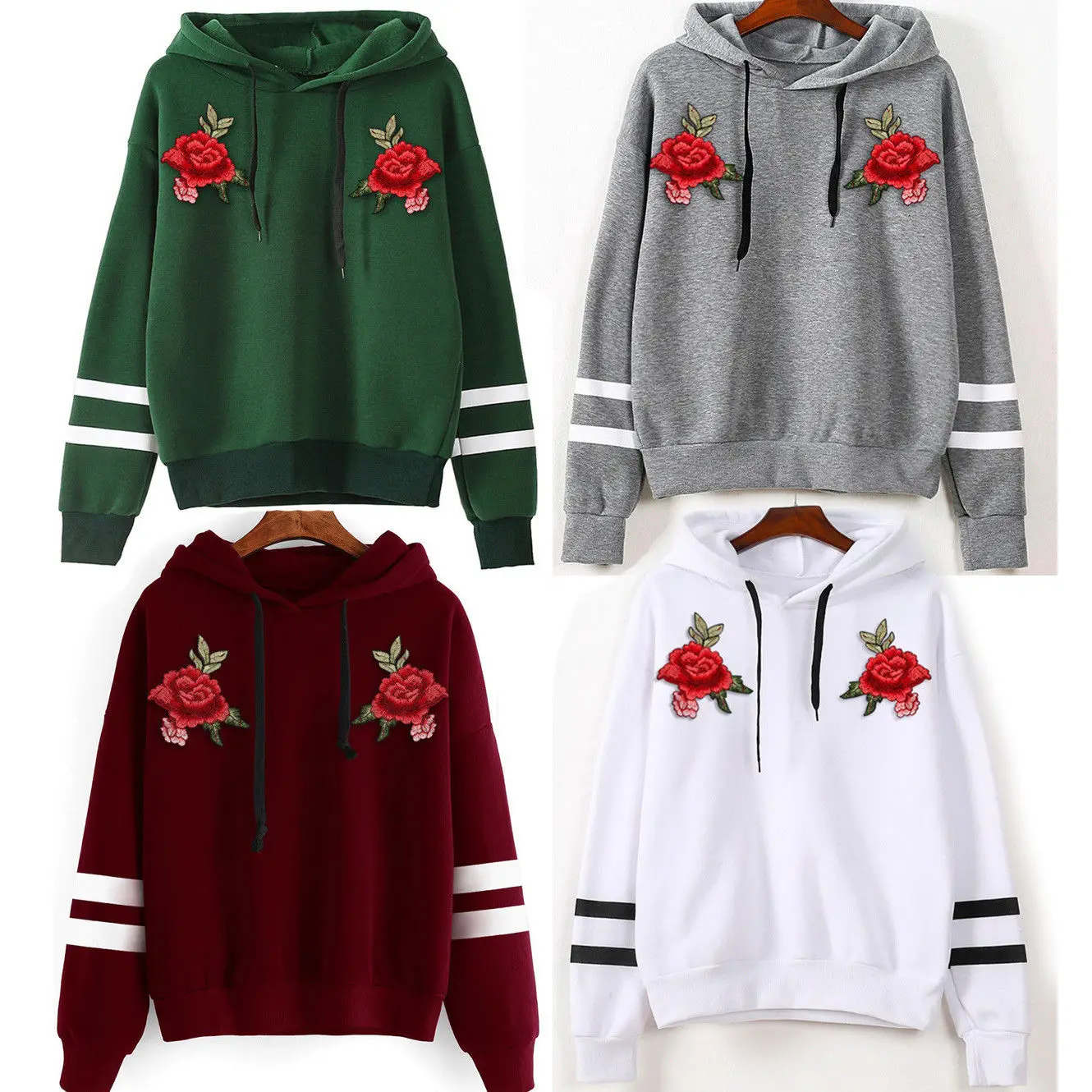 Rose embroidered hoodie women's Clearance