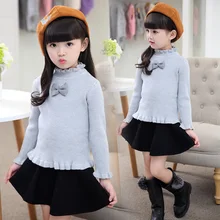 Female child sweater winter 2016 child o-neck thickening thermal bow solid color sweater