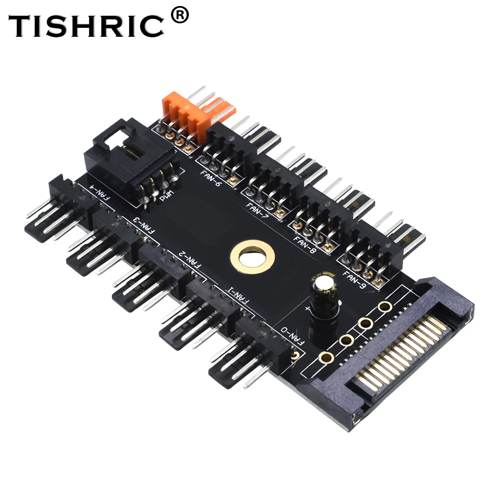 TISHRIC Black 1 to 10 PC Cooler Cooling Fan Hub Splitter Cable Pwm SATA 12V Power Supply Speed Controller Adapter For Mining