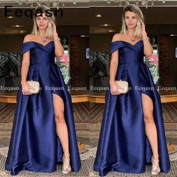 

Navy Blue Satin Split Side Prom Dresses Off the Shoulder Floor Length Formal Women Party Dresses Sexy 2020 Prom Gowns