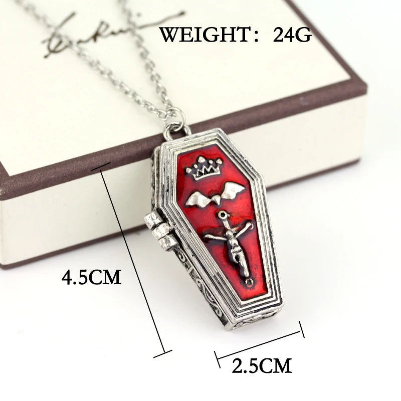 

Vampire Hallowee Bat Cross Open Box Coffin Casket Red Enameled Pendent Charm Necklace Vintage Punk Cool Vampire Jesus Jewelry