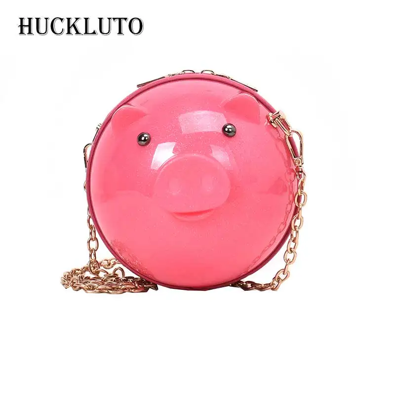 

HuckLuto 2019 New Promotion Sale Fashion Cute Mini Transparent Chain Cartoon Pig Shoulder Jelly Bag Teen Female Messenger Bag