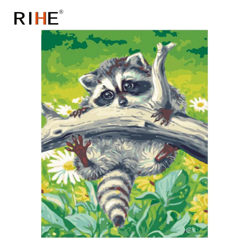 

RIHE Raccoon Diy Painting By Numbers Tree Oil Painting On Canvas Hand Painted Cuadros Decoracion Acrylic Animal Paint Home Decor