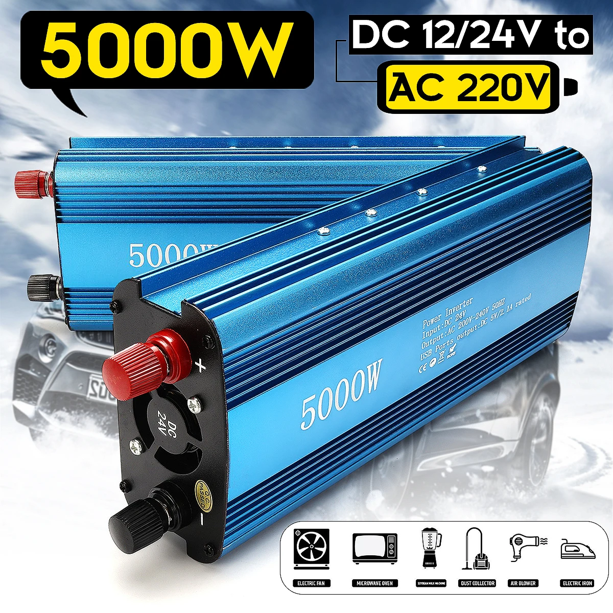 

Voltage Transformer DC 12/24V to AC 220V LED Display Sine Wave USB Converter Solar Power Inverter PEAK 5000W 90 Efficiency