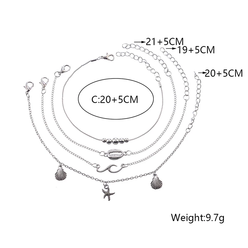 4 шт./компл. Ретро Для женщин пляж в виде ракушек, морских звезд бусы волна цепь ножной браслет с подвеской личность многослойные серебряные вечерние Набор браслетов для ног