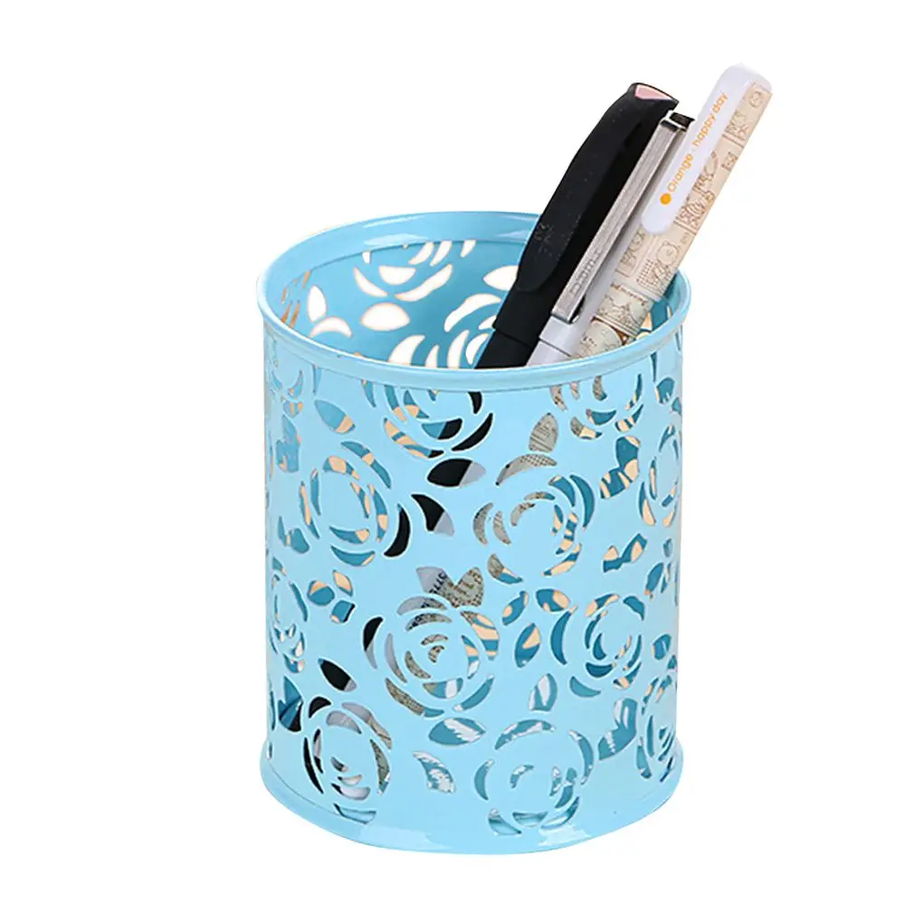 

Metal Hollow Pen Holder Flower Pattern Pencil Organizer Desk Container Case for Student Office