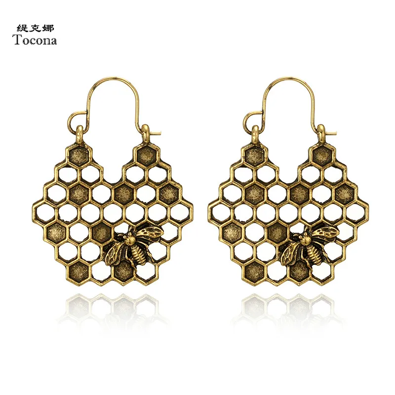 

Tocona Vintage Honeycomb Hoop Earrings Hollow Antique Silver Alloy Ethnic Carved Earring Brincos for Women Jewelry 6590