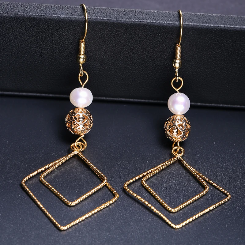 

DAIMI Unique Design Drop Earrings Square Shape Handmade Jewelry 6-7mm Nearly Round Freshwater Pearl Earrings