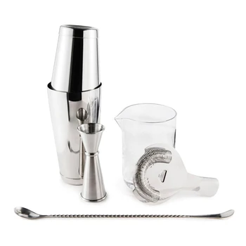 

Cocktail Shaker Bar Set - With Double Measuring Jigger and Mixing Spoon Tin On Tin Cocktail Shaker Ice Strainer Mixing Glass