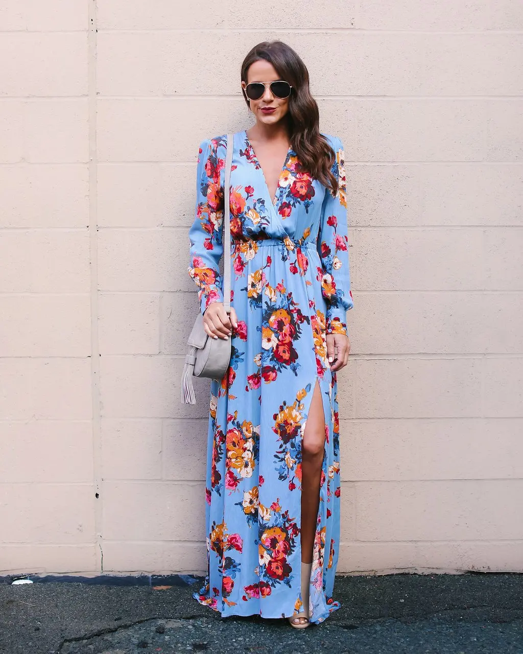 

Women Wrap Split Deep V Neck Long Sleeve Floral Printed Lace Up Swing Maxi Dress