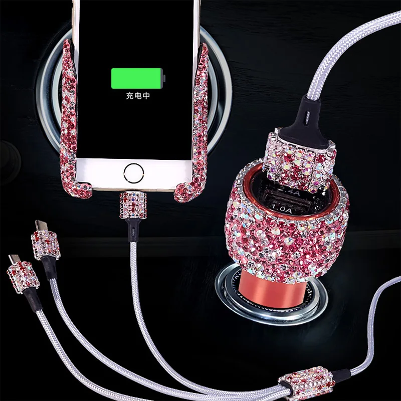 Car Auto Bling Rhinestones Set Car Phone Mount Holder,Car Charger,3in1 Charging Cable,4 Sticker Decor for iPhone iPad Android Accessories Women Girls 