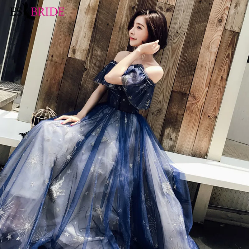 2019 Royal Blue Evening Dresses Long Party Princess Evening Dresses Luxury Starry Sky Elegant Special Occasion Dresses ES2414