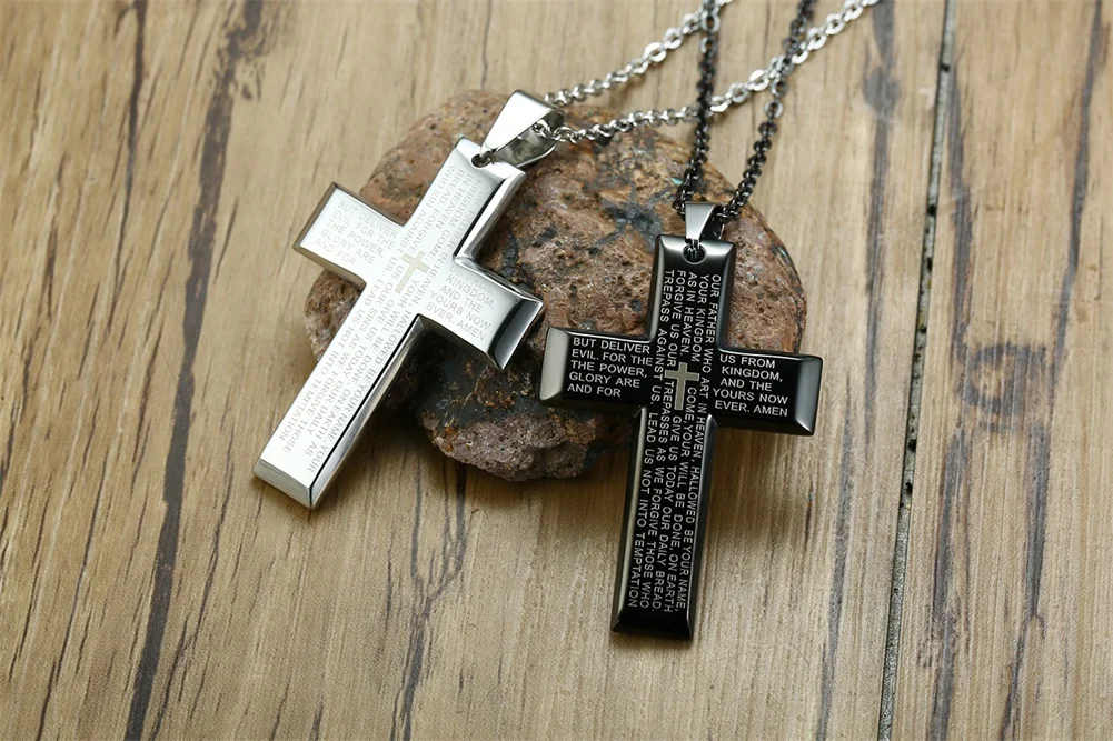 Men S Stainless Steel Large Our Father Lord S Prayer Cross Pendant Necklace Free 20 Chain Pendants Aliexpress