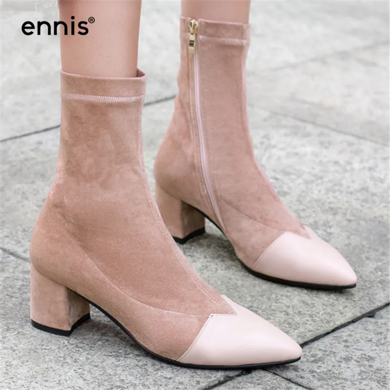 

ENNIS 2019 Fashion Women Boots Spring Autumn High Heels Shoes Pointed Toe Fabric Stretch Boots Chunky Heel Ankle Boots New A921