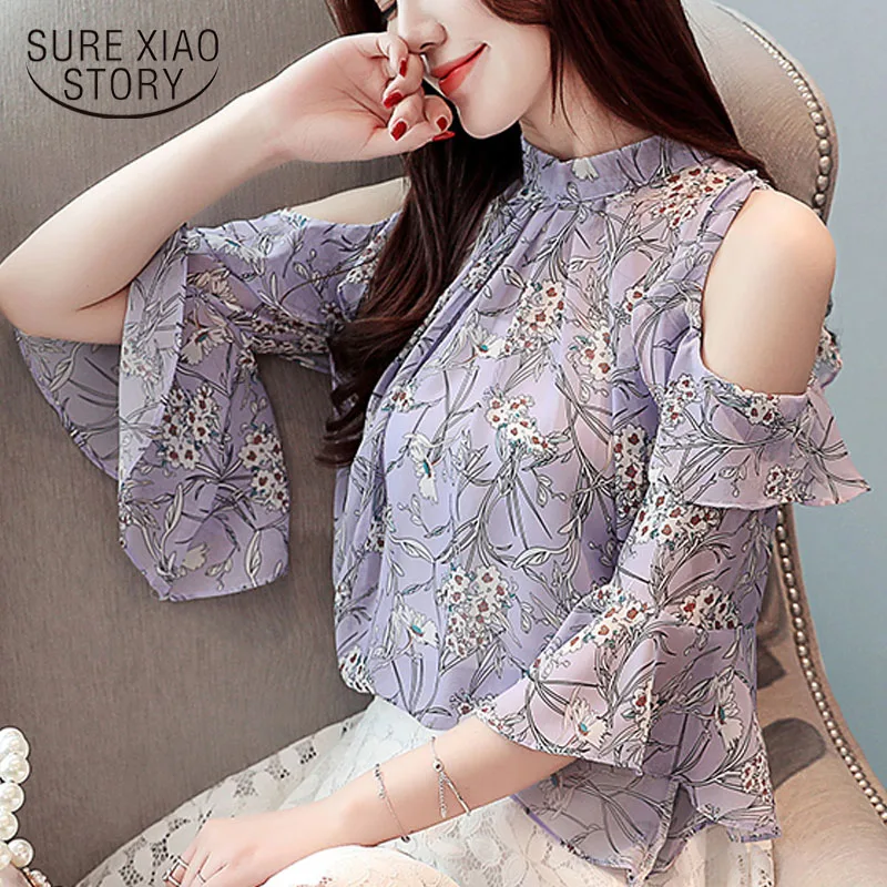 

Blusas femininas elegante 2019 Floral chiffon blouse Stand Butterfly Sleeve korean fashion clothing ladies tops shirts 3524 50
