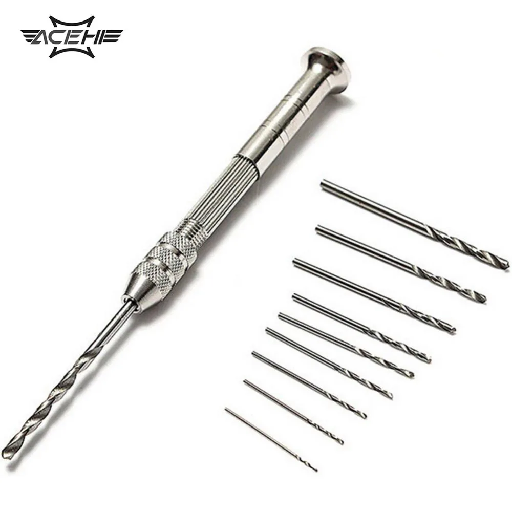 Mini Aluminum Hand Drill 10pc Twist Drill Bit Woodwork Drilling Rotary Tool UV