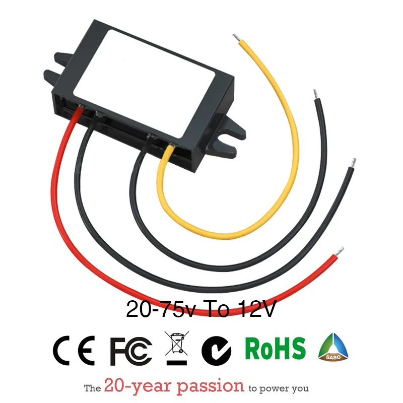 

Power Supply Converter DC/DC Step-down 20-75V to 12V 8A Waterproof Control Car Module Low Heat Auto Protection Size 58*40*22mm