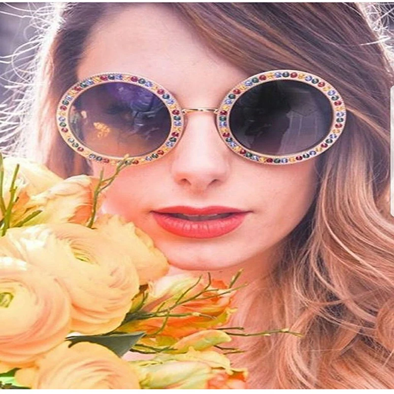 

2018 Round Sunglasses Women Brand Designer Fashion Sun Glasses Vintage Alloy Retro Imitation diamond Shades Goggle Eyewear ZB-47
