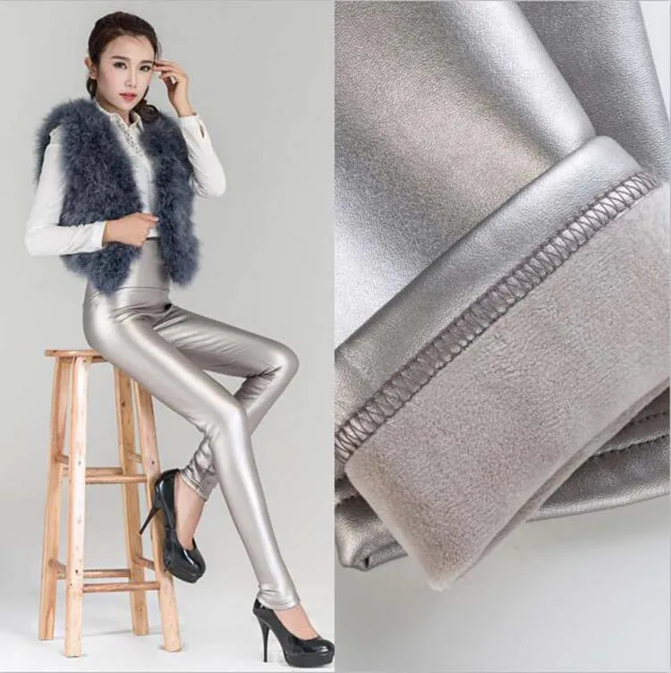 2017 Women's winter high waist warm PU leather pants female plus velvet thick fur imitation sheepskin female leggings (2)
