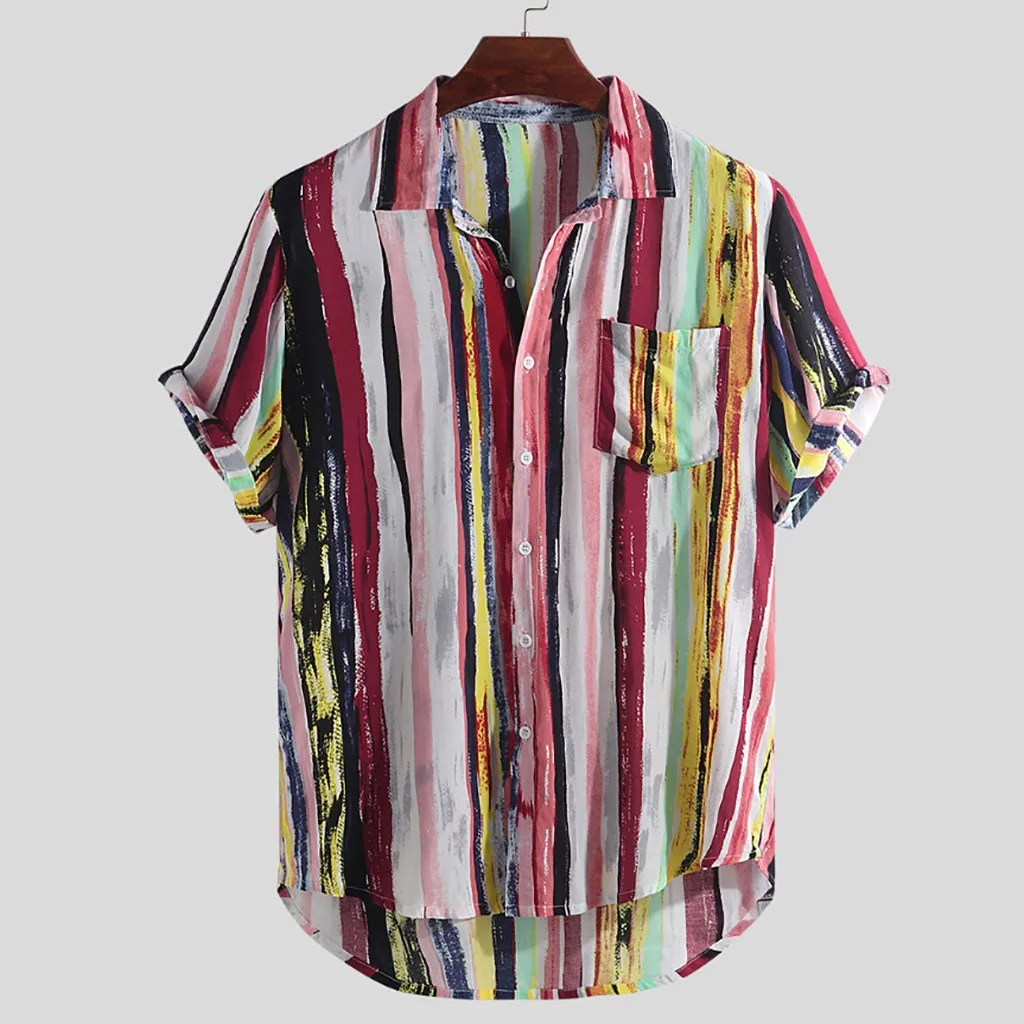 

Mens Multi Color Lump Chest Pocket Short Sleeve Round Hem Loose Shirts Stand Single Breasted high quality W501