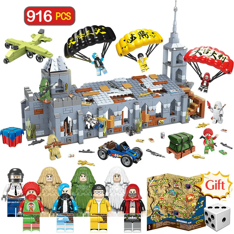 

916PCS Player Unknown's Battlegrounds Bricks PUBG Army Military WW2 Soldiers Weapon Building Blocks Kids Toys For Boys