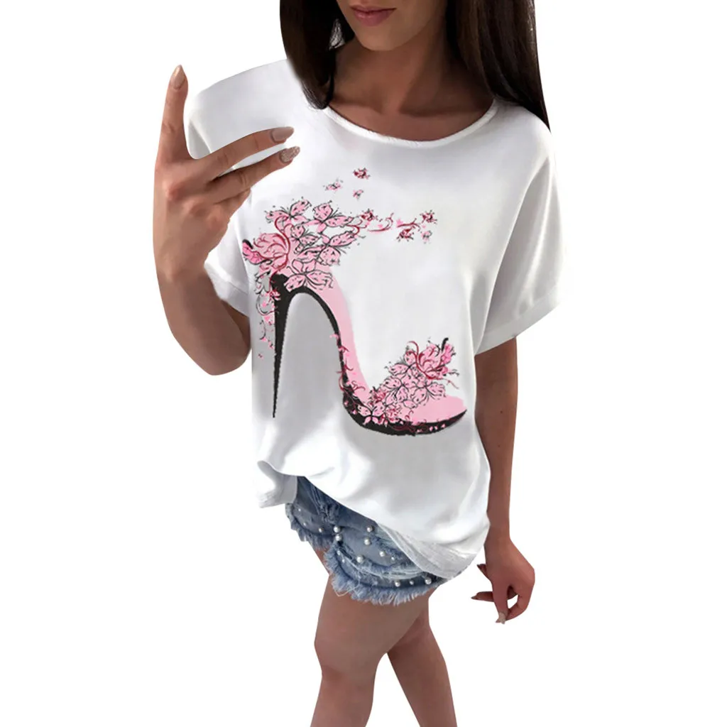 

Beach wind summer blouse Women Short Sleeve High Heels Printed Tops Casual Loose top plus size for lady#D10