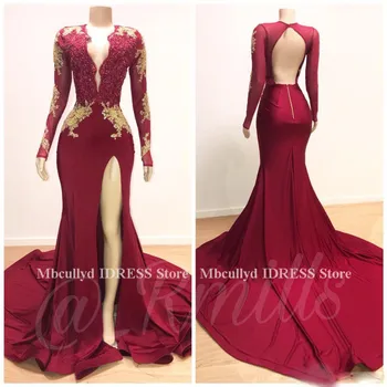 

Sexy Mermaid African Prom Dresses 2019 Long Sleeves Special Occasion Evening Gowns With High Split vestidos de fiesta de noche