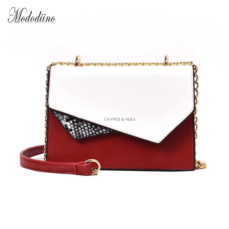 

Mododiino Serpentine Panelled Women Bag Chains Ladies Hand Bags PU Leather Simple Contrast Color Women Bag Over Shoulder DNV1053