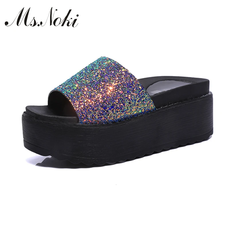 

Ms.Noki spring Sliver women slipper outside Bling Open Toe platform spring/summer female black girl fashion slide women hot sell