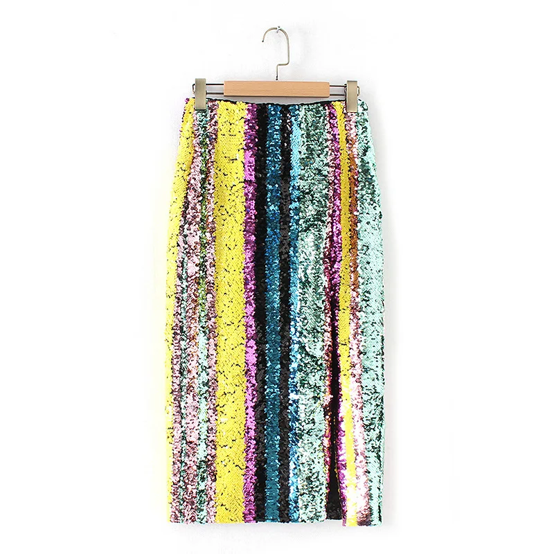 

2019 Spring New Arrival Slit Sparkling Sequins Ladies Skirts Faldas Largas Elegantes Slim High Waist Midi Skirt Free Shipping