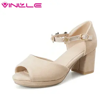 

VINLLE 2020 Women Pumps PU Leather Fashion Women Shoes Platform Peep Toe Square High Heel All Match Women Pumps Size 34-43