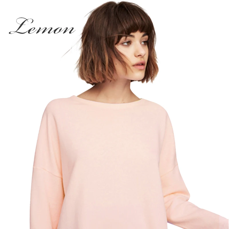 Lemon Fashion Women Sweatshirts Brief Basic Loose Solid Pink O Neck