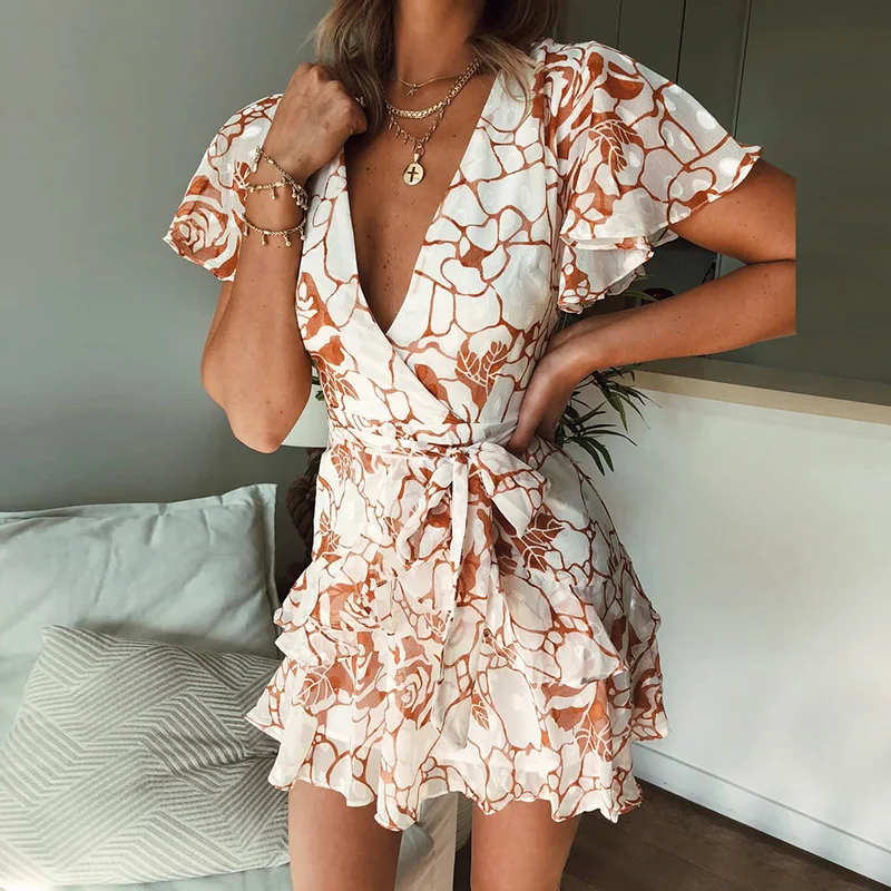 Summer Dress Women High Waist Self Tie Print Ruffle Beach Dress V Neck