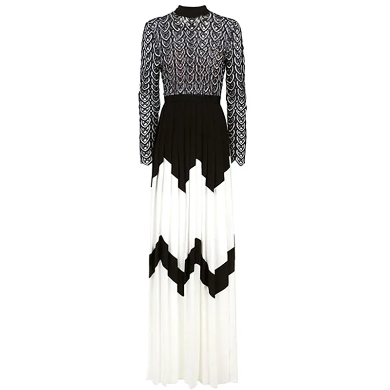 

Autumn Hollow Out Embroidery Maxi Dress Women Patchwork Chiffon Pleated Dress Elegant Long Party Dresses vestidos de fiesta