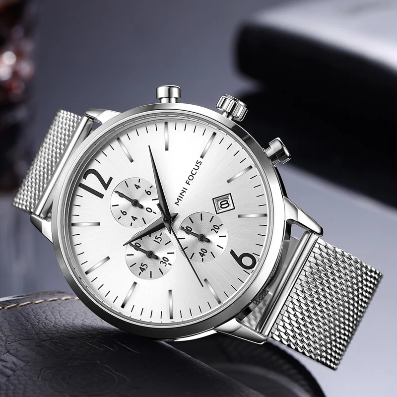 

MINI FOCUS Men Classic Quartz Watches Stainless Steel Mesh Bracelet Chronograph Waterproof Wristwatch Man Relogios 0185G Silver