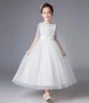 

2019 High Quality Handmade Girl Dress Wedding Party Girls Tutu Dress Half sleeve Bow White Tulle Girls Clothes evening dress