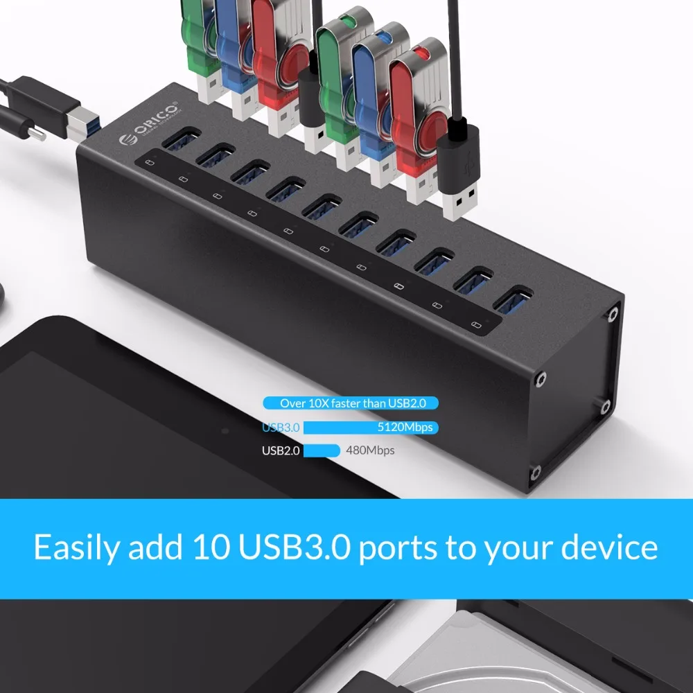 Концентратор USB 3 0 ORICO A3H10 новый дизайн с адаптером питания алюминиевый