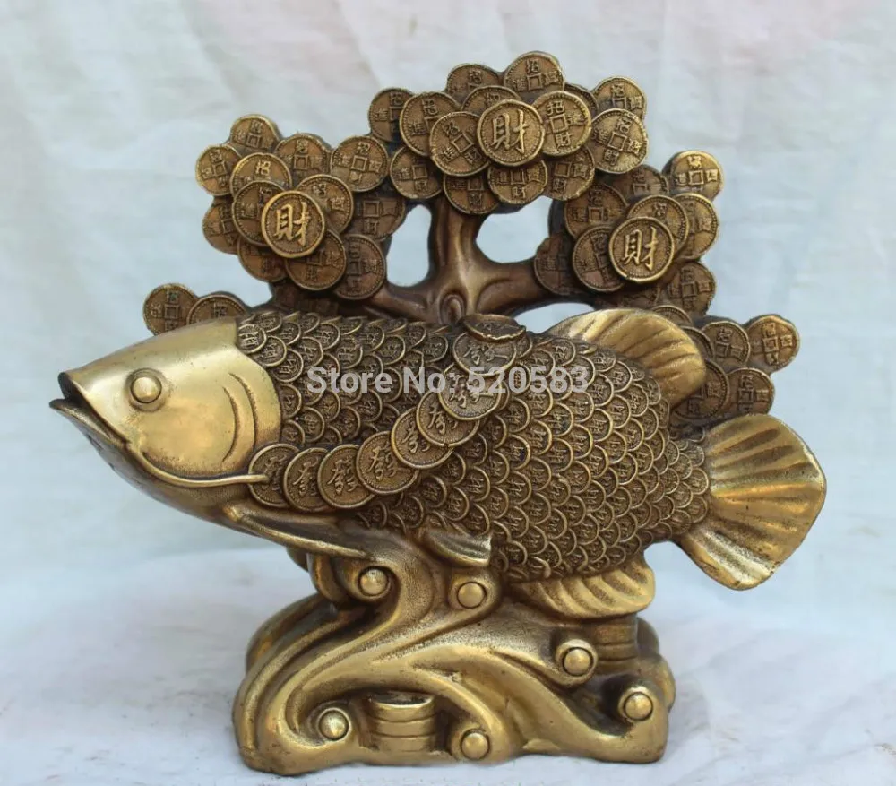 

9" Marked Chinese Bronze Wealth Money Tree Gold Fish Goldfish Animal
