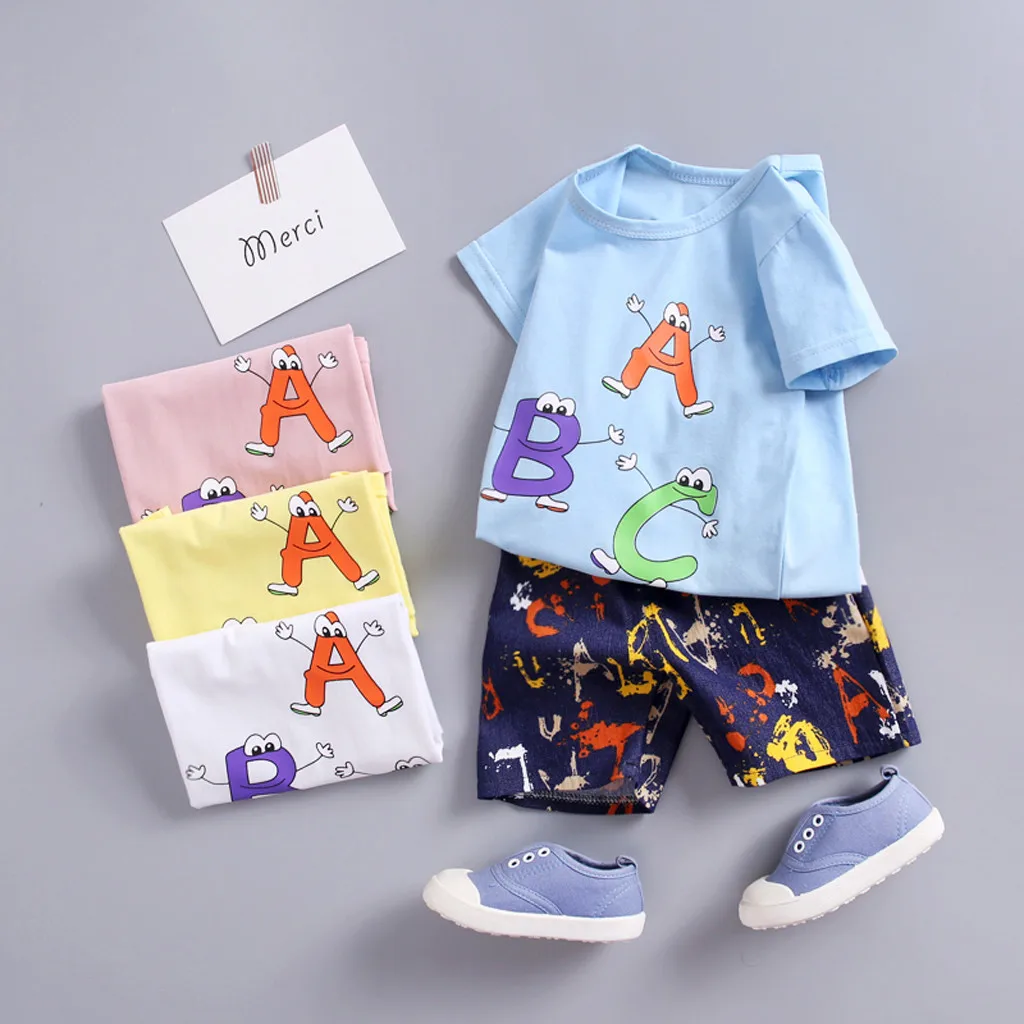 

2019 New Arrival Baby Set Kids Baby Girl Boy Cartton Letter Print Tops T Shirt Striped Pants Outfits Set Baby Cloth Drop Ship