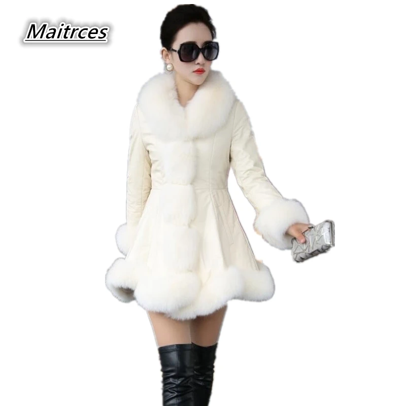 Latest Winter Female Sheepskin Coats High Quality Faux Fur Pure Color Fox Collars Snap Fastener Furs Big Yards Slim PC001