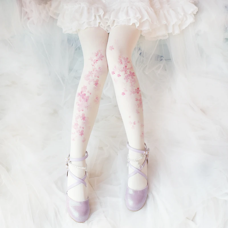 

Ancient Customs Lolita Sakura Pattern Printed Thin Leggings Mori Girl Daily Pantynose Stockings Tights Socks Accessories