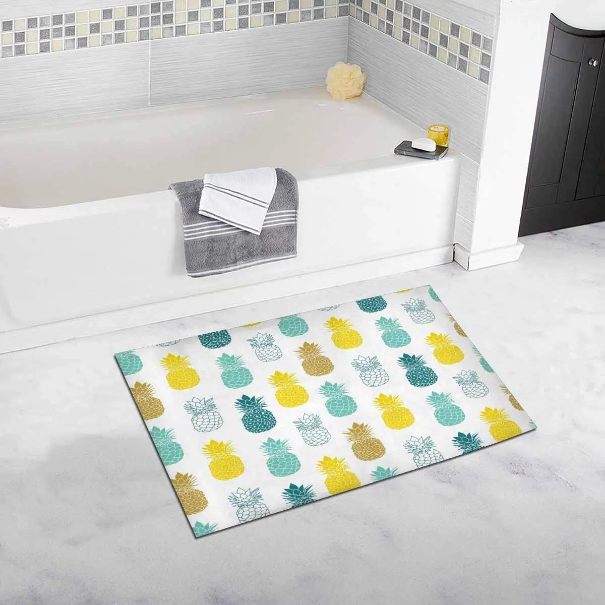 

Fresh Blue Yellow Pineapples in Grey and Yellow Colors Bath Mat Soft Bathroom Rugs Non-slip Rubber 20 W X 32 L Inches