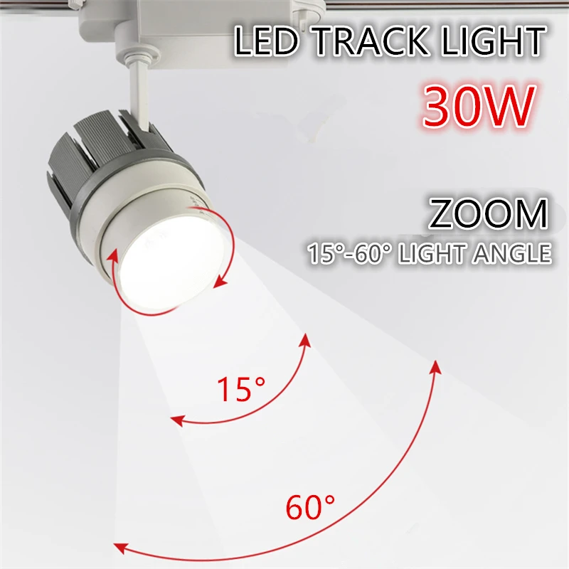 LED أضواء المسارات cob 30 w التكبير زاوية أجوستابل ضوء زاوية الملابس متجر ويندوز معرض أضواء السقف السكك الحديدية مصباح التوقف